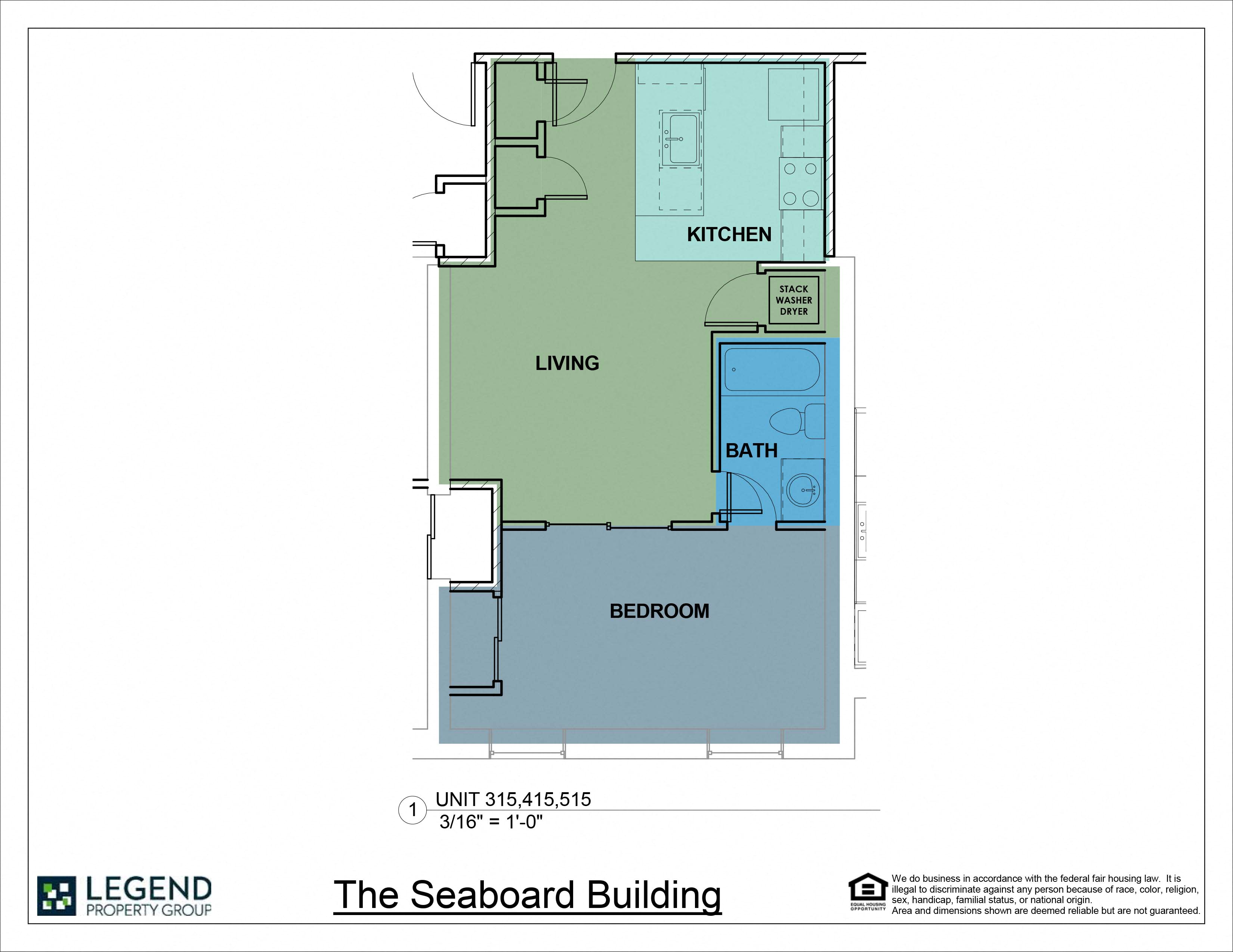 Floor plan for 1 bed, 1 bath, 610 sqft